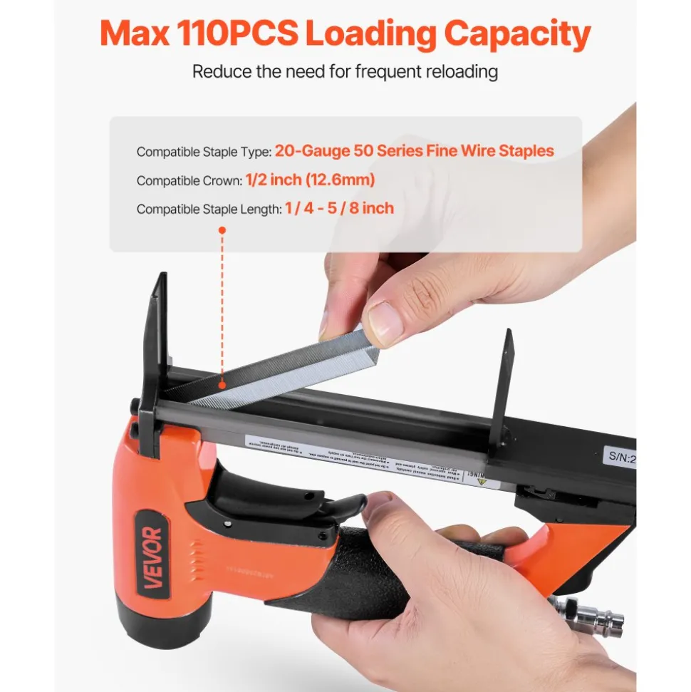 VEVOR Pneumatic Staple Gun, 20 Gauge T50 Pneumatic Upholstery Stapler for 7/16" Crown 5/32"-5/8" Length Staples, 70-110 PSI Air Staple Gun for Woodworking, Upholstering, Fabric, Crafts, DIY Projects