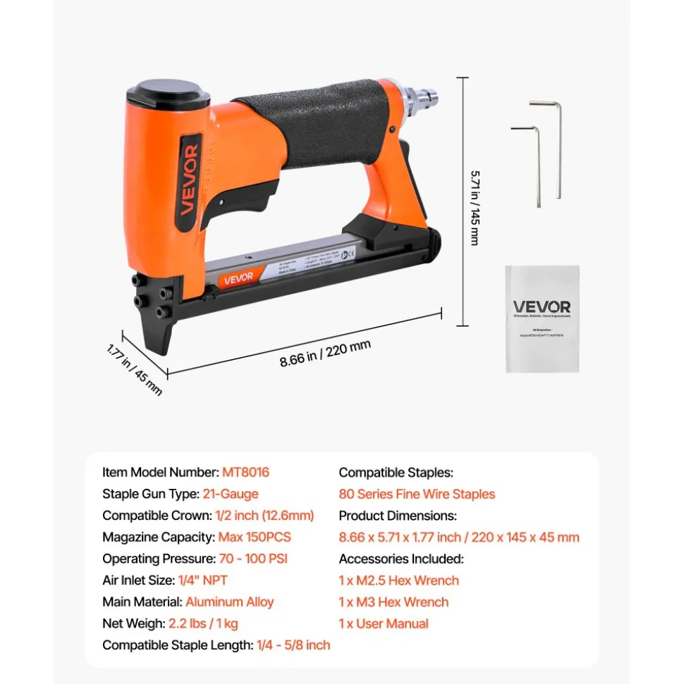 VEVOR Pneumatic Staple Gun, 21 Gauge Air Upholstery Stapler for 80 Series Fine Wire Staples 1/2" Crown 1/4"-5/8" Length, Max 150PCS Loading Air Staple Gun for Upholstering, Woodworking, DIY Projects