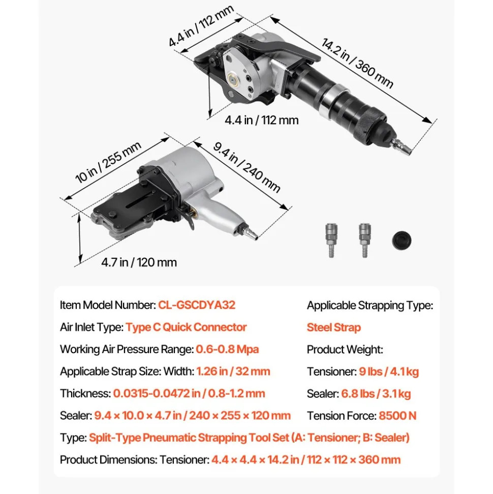 VEVOR Pneumatic Steel Strapping Machine, 8500 N Tension Force, Metal Strapping Tool Tensioner and Cutter Sealer for 1.26 in Width Metal Belt, Heavy Duty Split Type Baler for High Tensile Packaging