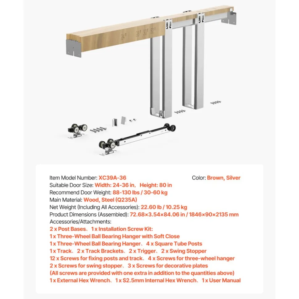 VEVOR Pocket Door Frame Kit, for 24-36 in Wide 80 in High Door, Pocket Door Kit with Two-Way Soft Close Mechanism, Slide Smoothly Quietly, Easy to Install, Premium Galvanized Steel, for Living Room