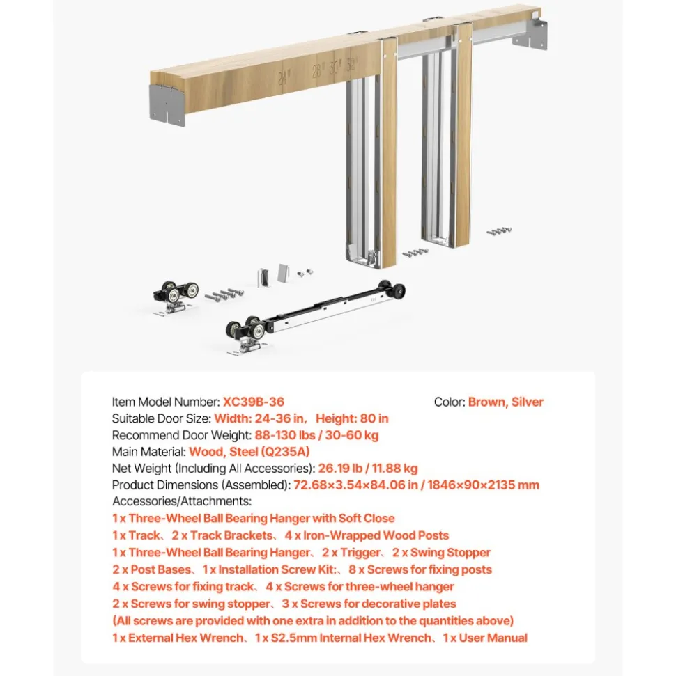 VEVOR Pocket Door Frame Kit, for 24-36 in Wide 80 in High Door, Pocket Door Kit with Two-Way Soft Close Mechanism, Slide Smoothly Quietly, Easy to Install, Wood and Galvanized Steel, for Living Room