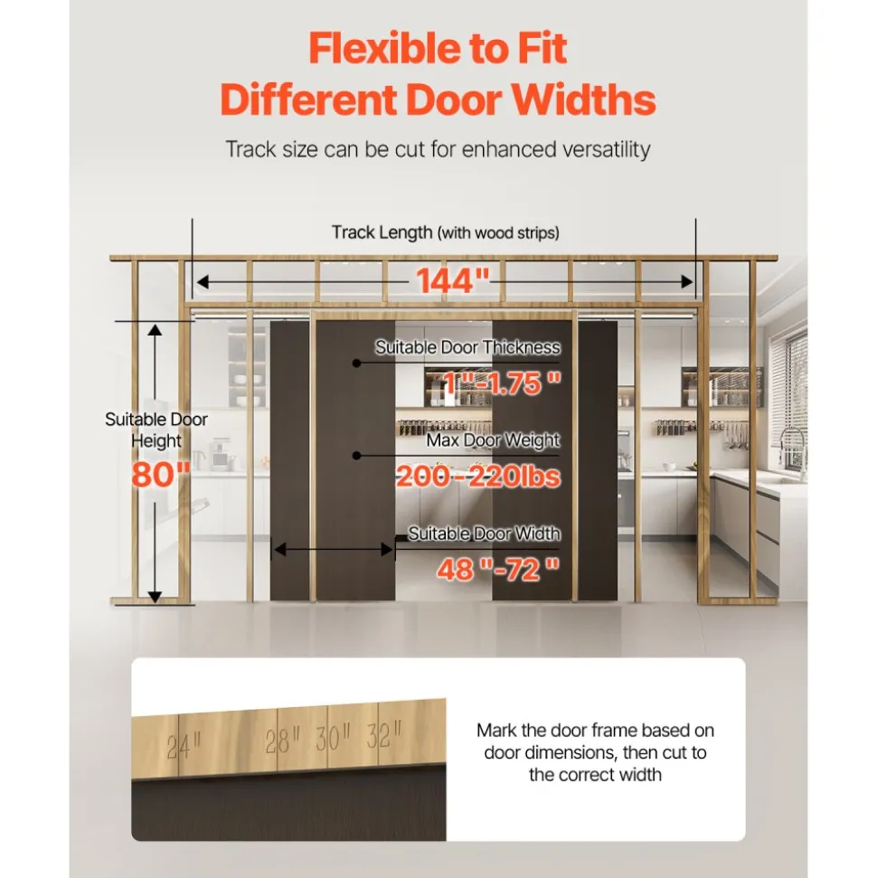 VEVOR Pocket Door Frame Kit, for 48-72 in Wide 80 in High Door, Pocket Door Kit with Two-Way Soft Close Mechanism, Slide Smoothly Quietly, Easy to Install, Wood and Galvanized Steel, for Living Room