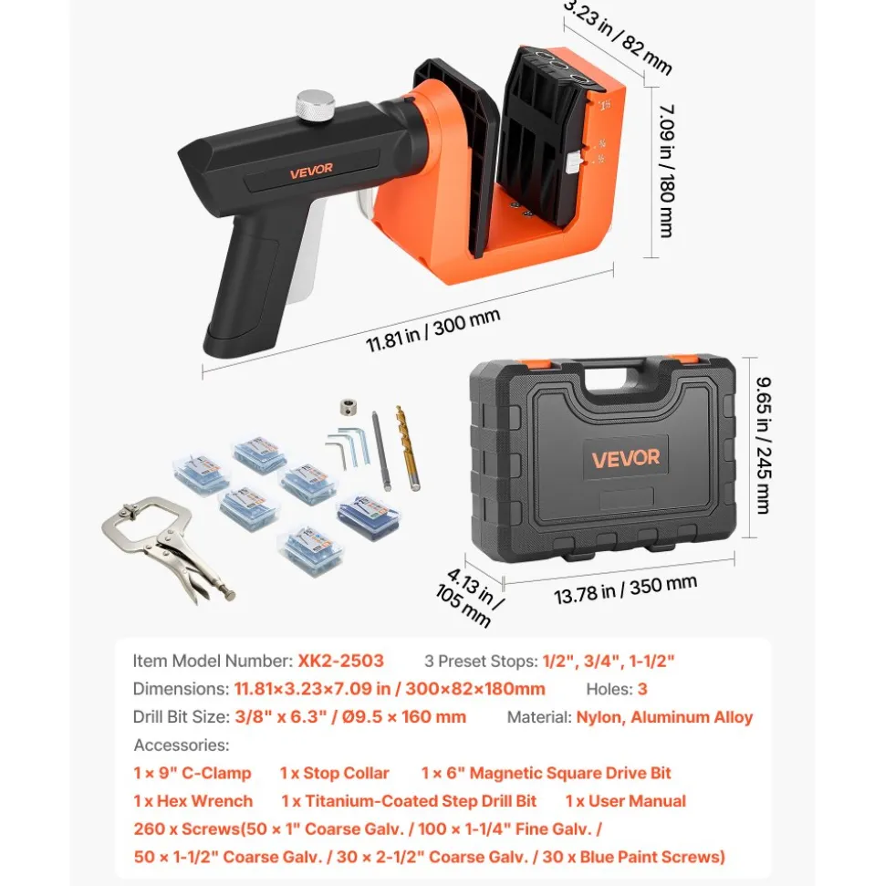 VEVOR Pocket Hole Jig Kit, 1/2", 3/4", 1-1/2" Adjustable, 360° Rotating Handle, Jig Pocket Hole System with 260 Screws, C-Clamp, Stop Collar, Drill Bit, Easy Clamping and Adjusting, for Woodworking