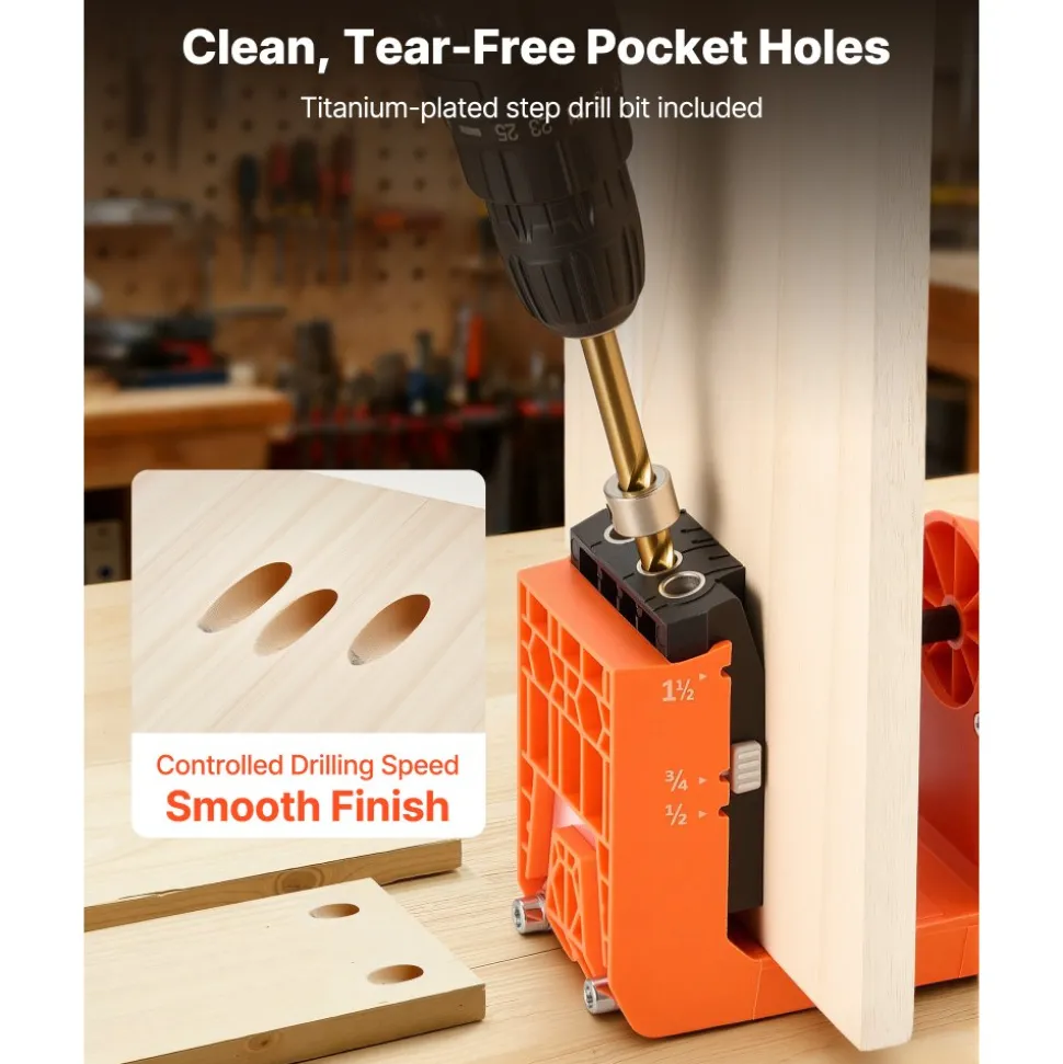 VEVOR Pocket Hole Jig Kit, 1/2", 3/4", 1-1/2" Adjustable, 360° Rotating Handle, Jig Pocket Hole System with 260 Screws, C-Clamp, Stop Collar, Drill Bit, Easy Clamping and Adjusting, for Woodworking