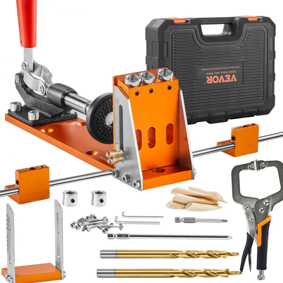 VEVOR Pocket Hole Jig Kit, 34 Pcs Pocket Hole Jig System with 11" C-clamp, Fixture, Step Drills, Wrenches, Drill Stop Rings, Square Drive Bits, Toolbox, Adjustable, for DIY Carpentry Projects