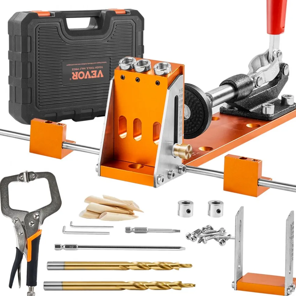 VEVOR Pocket Hole Jig Kit, 34 Pcs Pocket Hole Jig System with 11" C-clamp, Fixture, Step Drills, Wrenches, Drill Stop Rings, Square Drive Bits, Toolbox, Adjustable, for DIY Carpentry Projects