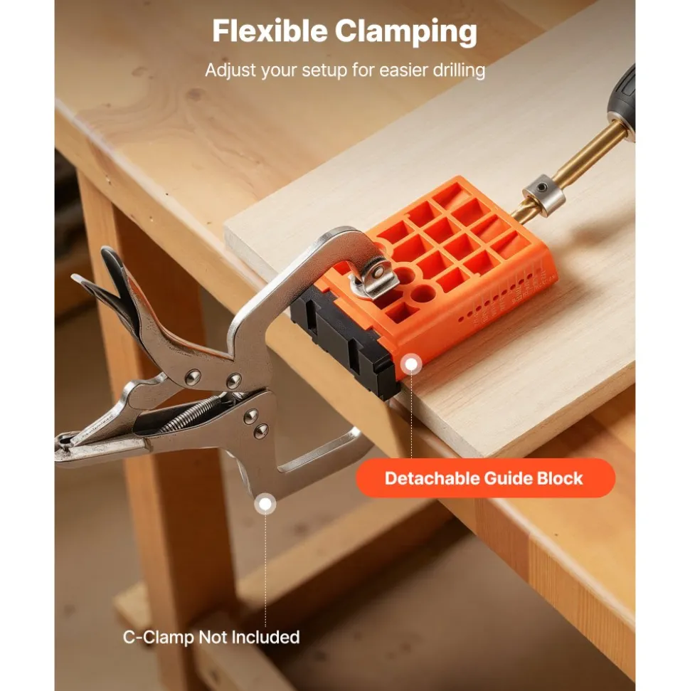VEVOR Pocket Hole Jig Kit, 1/2" to 1-1/2" Adjustable, Lightweight Jig Pocket Hole System with Dust Collection Adapter, Detachable Guide Block, Drill Bit, Stop Collar, Easy Adjusting, for Woodworking