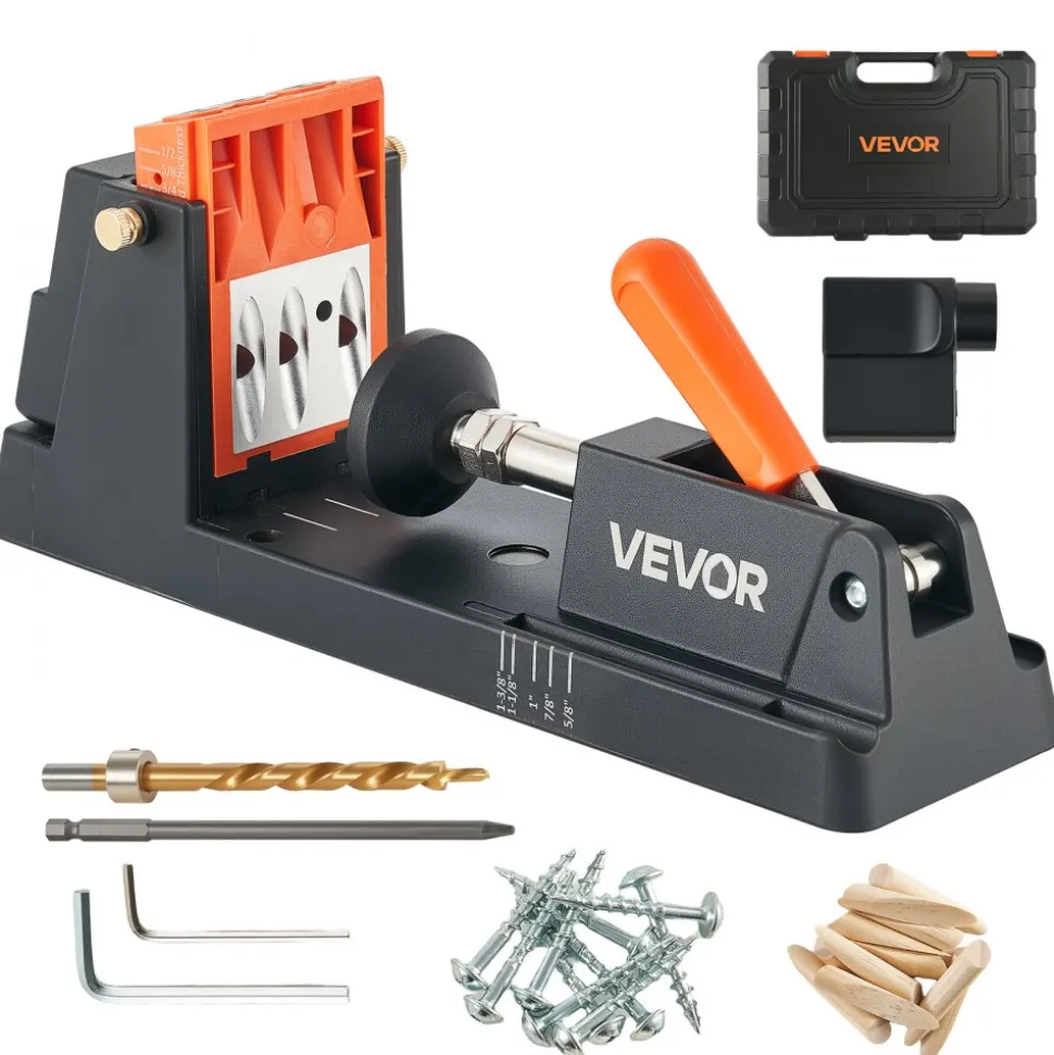VEVOR Pocket Hole Jig Kit, 1/2" to 1-1/2" Adjustable, Lightweight Jig Pocket Hole System with Dust Collection Adapter, Detachable Guide Block, Drill Bit, Stop Collar, Easy Adjusting, for Woodworking