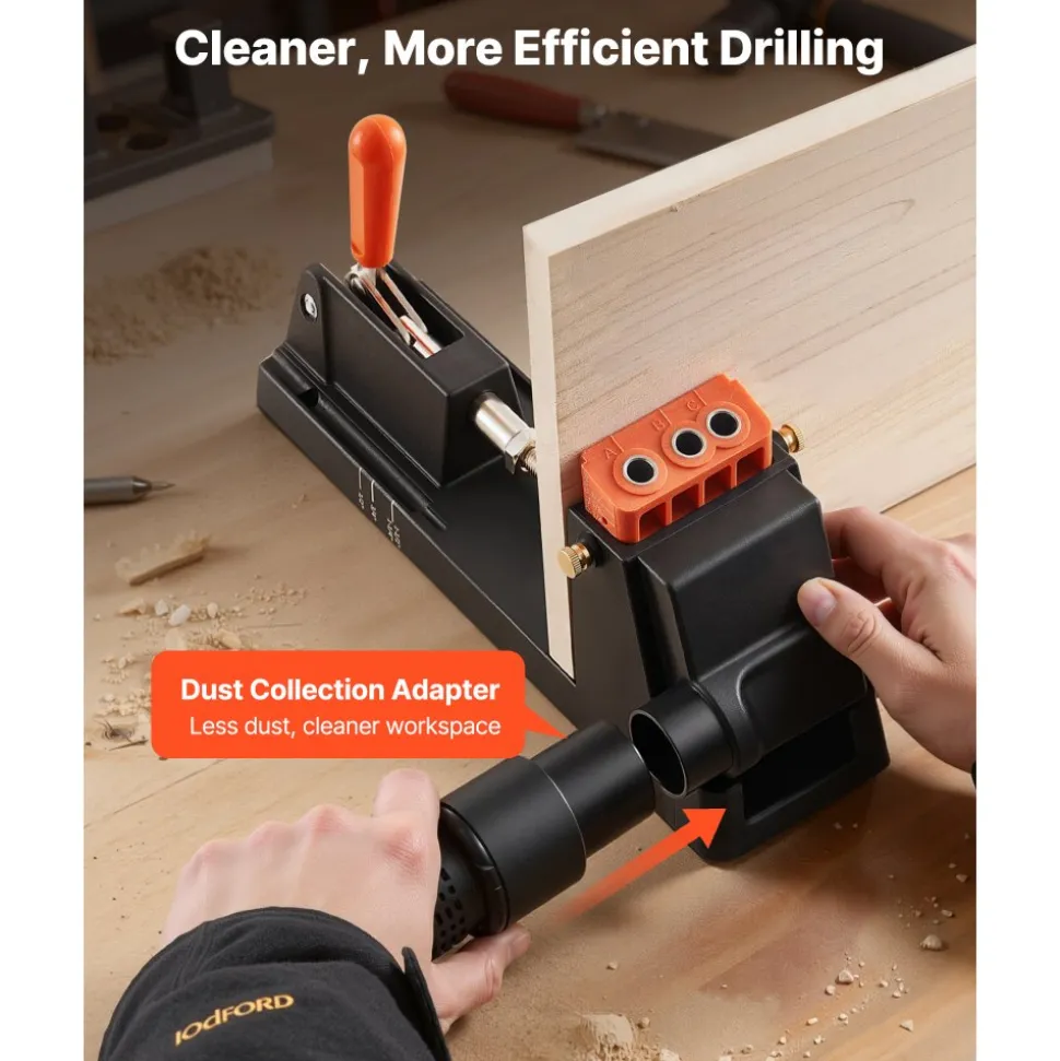 VEVOR Pocket Hole Jig Kit, 1/2" to 1-1/2" Adjustable, Lightweight Jig Pocket Hole System with Dust Collection Adapter, Detachable Guide Block, Drill Bit, Stop Collar, Easy Adjusting, for Woodworking