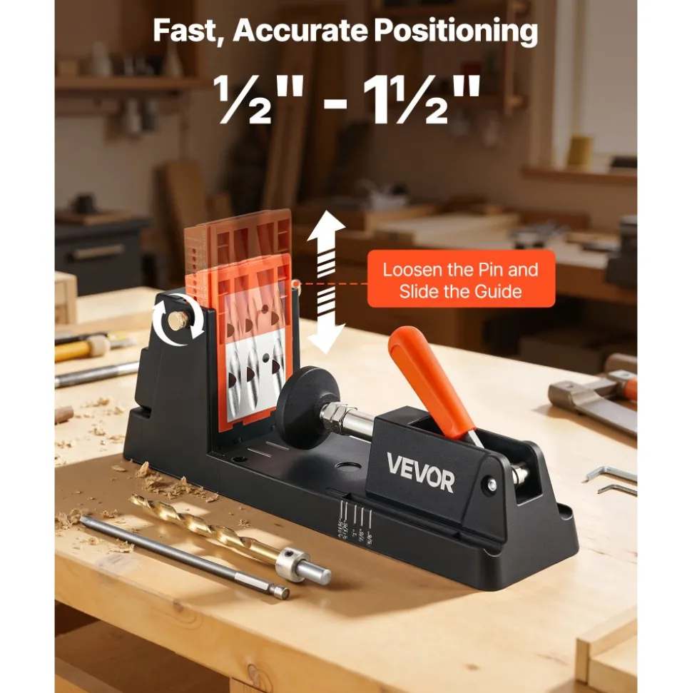 VEVOR Pocket Hole Jig Kit, 1/2" to 1-1/2" Adjustable, Lightweight Jig Pocket Hole System with Dust Collection Adapter, Detachable Guide Block, Drill Bit, Stop Collar, Easy Adjusting, for Woodworking