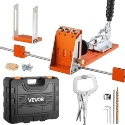 VEVOR Pocket Hole Jig Kit, 1/2 to 1-1/2 in Adjustable, Jig Pocket Hole System with Toolcase, C-Clamp, Step Drill, Hex Wrench, Drill Stop Ring, Square Drive Bit, Reinforced Metal Frame, for Woodworking