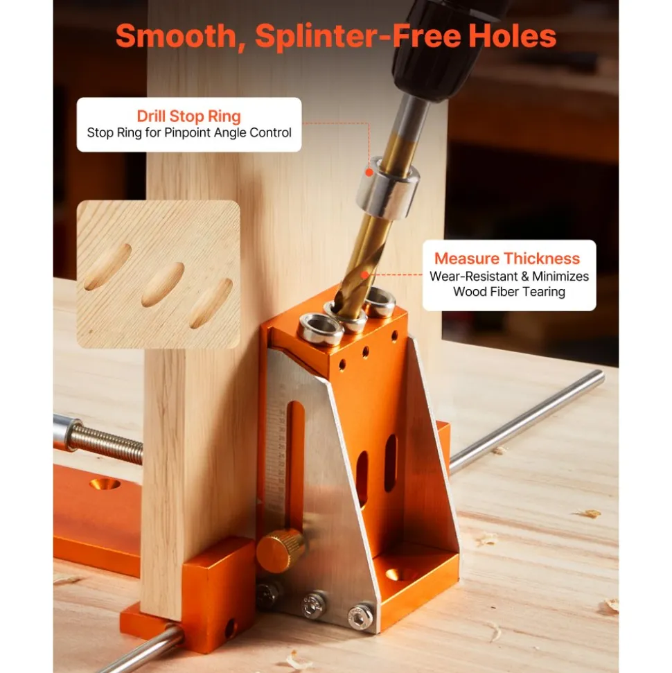 VEVOR Pocket Hole Jig Kit, 1/2 to 1-1/2 in Adjustable, Jig Pocket Hole System with Toolcase, C-Clamp, Step Drill, Hex Wrench, Drill Stop Ring, Square Drive Bit, Reinforced Metal Frame, for Woodworking