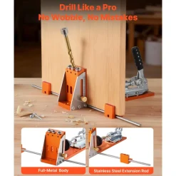 VEVOR Pocket Hole Jig Kit, 1/2 to 1-1/2 in Adjustable, Jig Pocket Hole System with Toolcase, C-Clamp, Step Drill, Hex Wrench, Drill Stop Ring, Square Drive Bit, Reinforced Metal Frame, for Woodworking