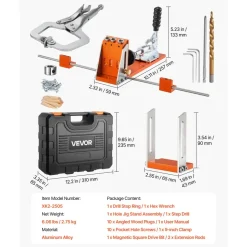 VEVOR Pocket Hole Jig Kit, 1/2 to 1-1/2 in Adjustable, Jig Pocket Hole System with Toolcase, C-Clamp, Step Drill, Hex Wrench, Drill Stop Ring, Square Drive Bit, Reinforced Metal Frame, for Woodworking