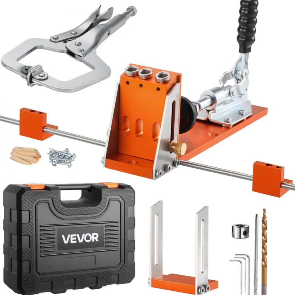 VEVOR Pocket Hole Jig Kit, 1/2 to 1-1/2 in Adjustable, Jig Pocket Hole System with Toolcase, C-Clamp, Step Drill, Hex Wrench, Drill Stop Ring, Square Drive Bit, Reinforced Metal Frame, for Woodworking