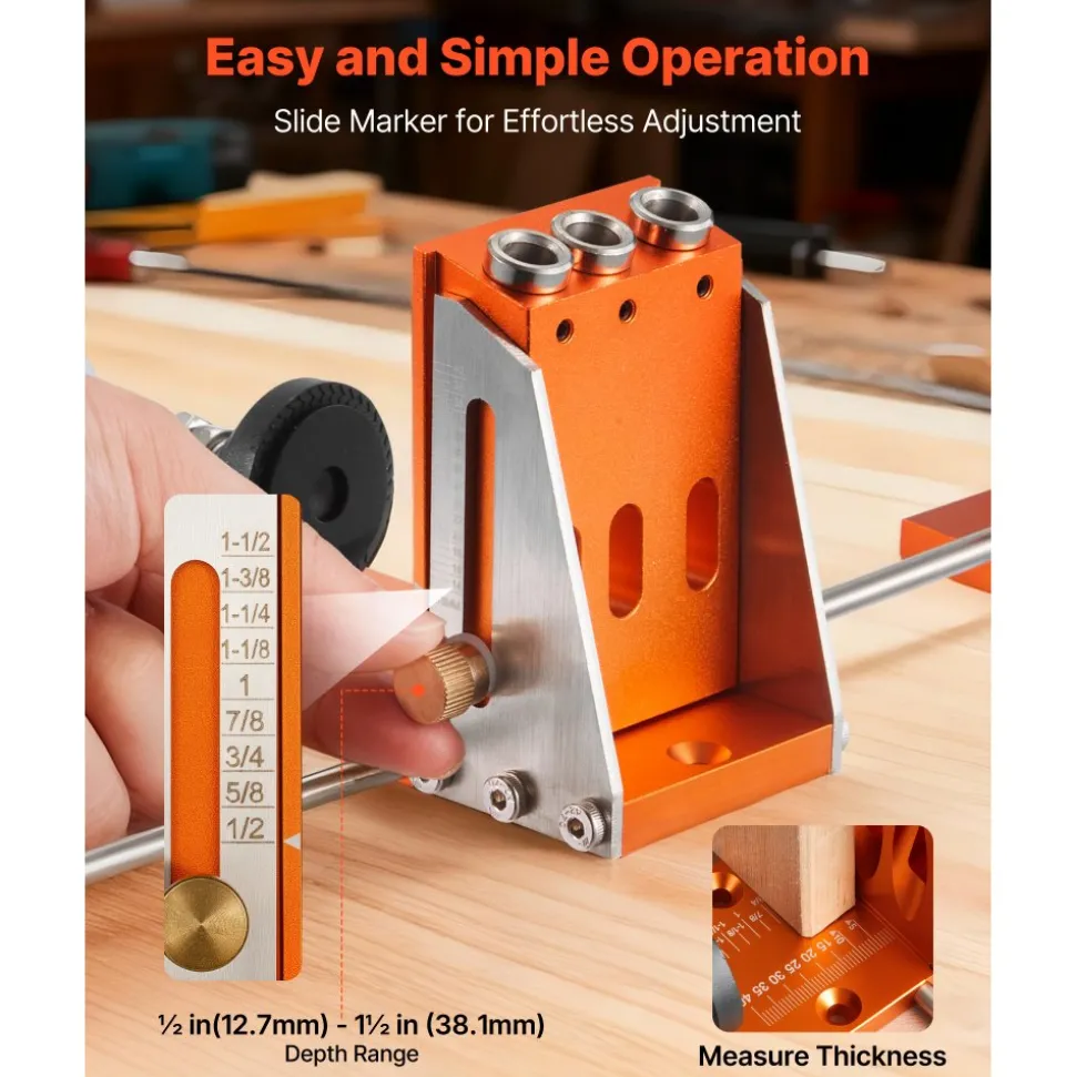 VEVOR Pocket Hole Jig Kit, 1/2 to 1-1/2 in Adjustable, Jig Pocket Hole System with Toolcase, C-Clamp, Step Drill, Hex Wrench, Drill Stop Ring, Square Drive Bit, Reinforced Metal Frame, for Woodworking