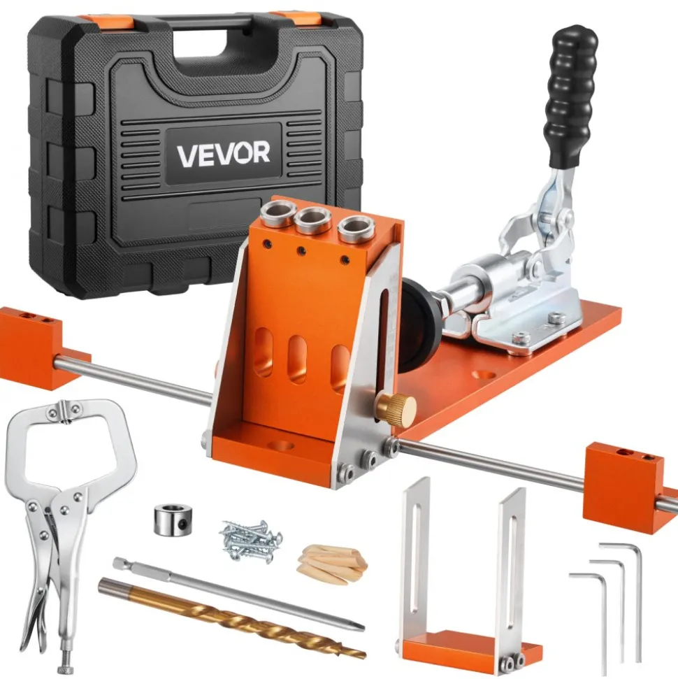 VEVOR Pocket Hole Jig Kit, 1/2 to 1-1/2 in Adjustable, Jig Pocket Hole System with Toolcase, C-Clamp, Step Drill, Hex Wrench, Drill Stop Ring, Square Drive Bit, Reinforced Metal Frame, for Woodworking