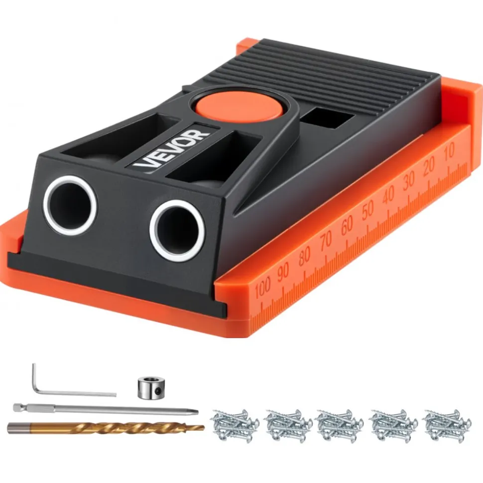 VEVOR Pocket Hole Jig Kit, 1/2 to 1-1/2 in Adjustable, Mini Jig Pocket Hole System with Step Drill, Hex Wrench, Drill Stop Ring, Square Drive Bit, and Screws, Reinforced Nylon Frame, for Woodworking