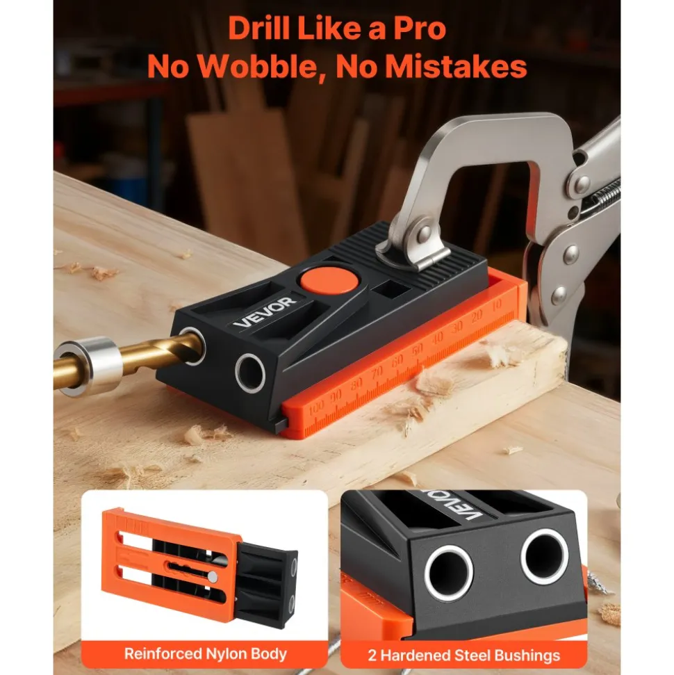VEVOR Pocket Hole Jig Kit, 1/2 to 1-1/2 in Adjustable, Mini Jig Pocket Hole System with Step Drill, Hex Wrench, Drill Stop Ring, Square Drive Bit, and Screws, Reinforced Nylon Frame, for Woodworking