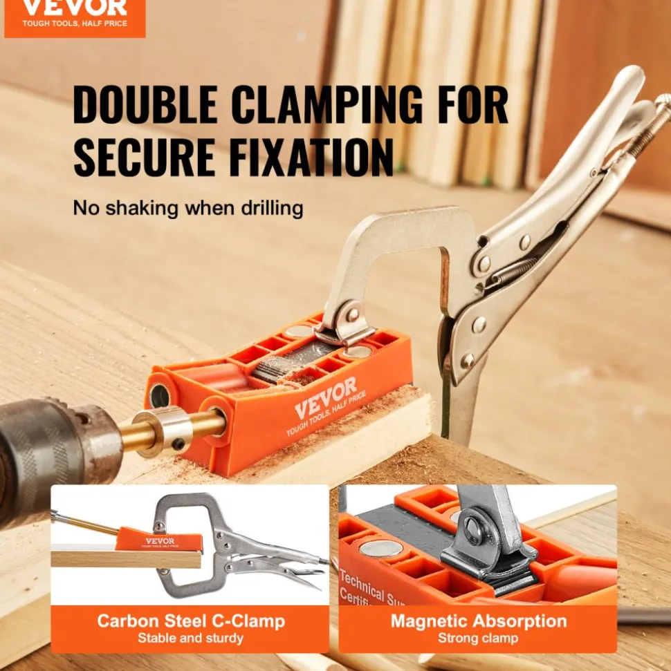 VEVOR Pocket Hole Jig, 56 Pcs Mini Jig Pocket Hole System with 9" C-clamp, Step Drill, Wrench, Square Drive Bit, Drill Stop Ring, and Screws, for DIY Carpentry Projects