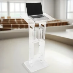 VEVOR Podium Stand, 43-Inch Acrylic Lectern, Portable Laptop Desk with Wide Reading Surface and Storage Shelf, Book Stopper, Floor-Standing, for Classroom, Wedding, Conference, Lecture and Concert