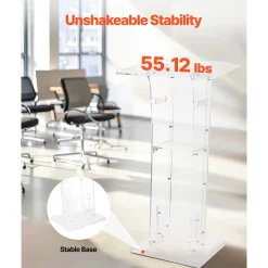 VEVOR Podium Stand, 43-Inch Acrylic Lectern, Portable Laptop Desk with Wide Reading Surface and Storage Shelf, Book Stopper, Floor-Standing, for Classroom, Wedding, Conference, Lecture and Concert