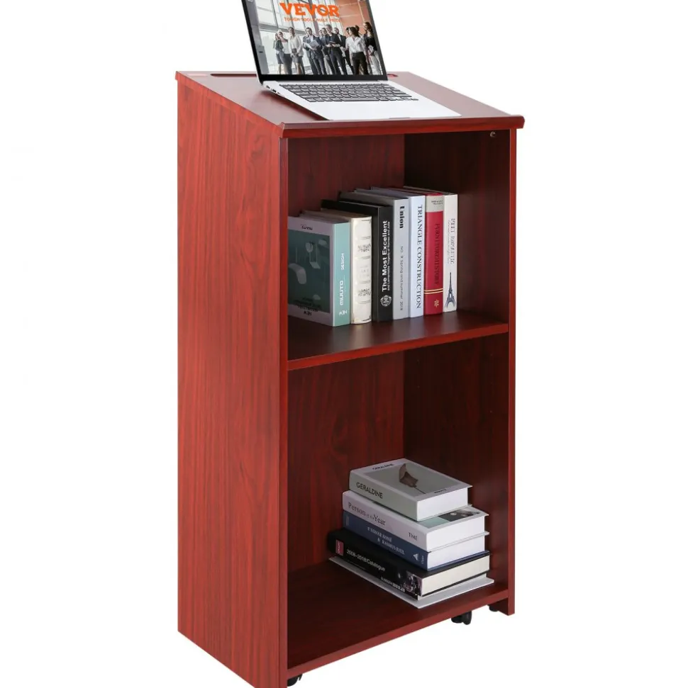 VEVOR Podium Stand, 47 inch Hostess Stand with 4 Rolling Wheels, Wood Podium with Storage Shelves and Slant Desktop, Lecterns & Podiums for Home, Office, School, Church, Brown