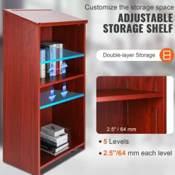 VEVOR Podium Stand, 47 inch Hostess Stand with 4 Rolling Wheels, Wood Podium with Storage Shelves and Slant Desktop, Lecterns & Podiums for Home, Office, School, Church, Brown