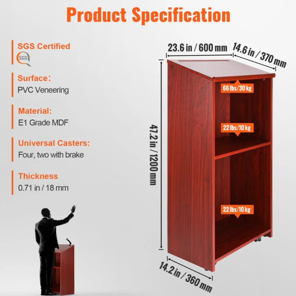 VEVOR Podium Stand, 47 inch Hostess Stand with 4 Rolling Wheels, Wood Podium with Storage Shelves and Slant Desktop, Lecterns & Podiums for Home, Office, School, Church, Brown