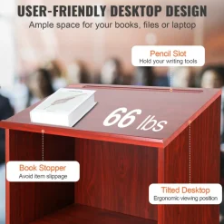 VEVOR Podium Stand, 47 inch Hostess Stand with 4 Rolling Wheels, Wood Podium with Storage Shelves and Slant Desktop, Lecterns & Podiums for Home, Office, School, Church, Brown