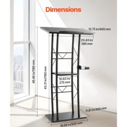 VEVOR Podium Stand, 47-Inch Metal Lectern, Curved Standing Podium with Wide Reading Surface, Open Storage Compartment, Book Stopper, Cup Holder, for Classroom, Wedding, Conference, Speech, and Concert
