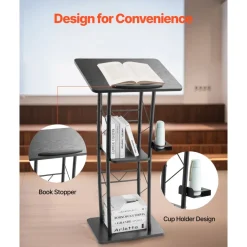 VEVOR Podium Stand, 47-Inch Metal Lectern, Curved Standing Podium with Wide Reading Surface, Open Storage Compartment, Book Stopper, Cup Holder, for Classroom, Wedding, Conference, Speech, and Concert