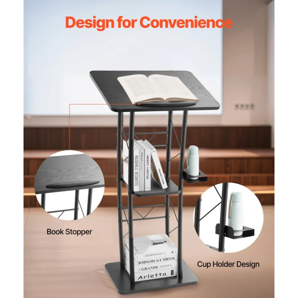 VEVOR Podium Stand, 47-Inch Metal Lectern, Curved Standing Podium with Wide Reading Surface, Open Storage Compartment, Book Stopper, Cup Holder, for Classroom, Wedding, Conference, Speech, and Concert