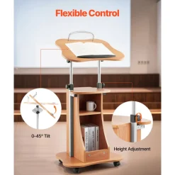 VEVOR Podium Stand, 43-Inch Wooden Lectern, Portable Laptop Desk with Lockable Wheels, Wide Reading Surface and Open Storage Area, Adjustable Height and Angle, for Speeches, Lectures, or Presentations