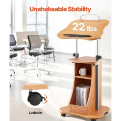 VEVOR Podium Stand, 43-Inch Wooden Lectern, Portable Laptop Desk with Lockable Wheels, Wide Reading Surface and Open Storage Area, Adjustable Height and Angle, for Speeches, Lectures, or Presentations