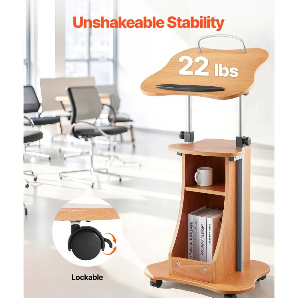 VEVOR Podium Stand, 43-Inch Wooden Lectern, Portable Laptop Desk with Lockable Wheels, Wide Reading Surface and Open Storage Area, Adjustable Height and Angle, for Speeches, Lectures, or Presentations