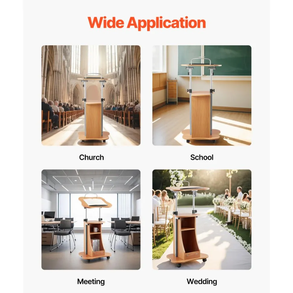 VEVOR Podium Stand, 43-Inch Wooden Lectern, Portable Laptop Desk with Lockable Wheels, Wide Reading Surface and Open Storage Area, Adjustable Height and Angle, for Speeches, Lectures, or Presentations