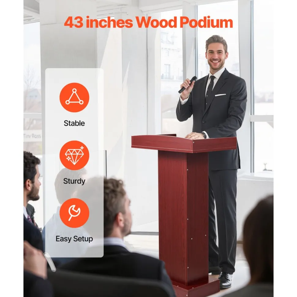 VEVOR Podium Stand, 41-Inch Wooden Lectern, Laptop Desk with Wide Reading Surface and Storage Shelf, Edge Stopper, Elegant Design, Flool-Standing, for Classroom, Conference, Church, and Presentation