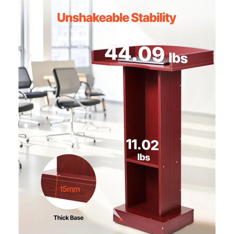 VEVOR Podium Stand, 41-Inch Wooden Lectern, Laptop Desk with Wide Reading Surface and Storage Shelf, Edge Stopper, Elegant Design, Flool-Standing, for Classroom, Conference, Church, and Presentation