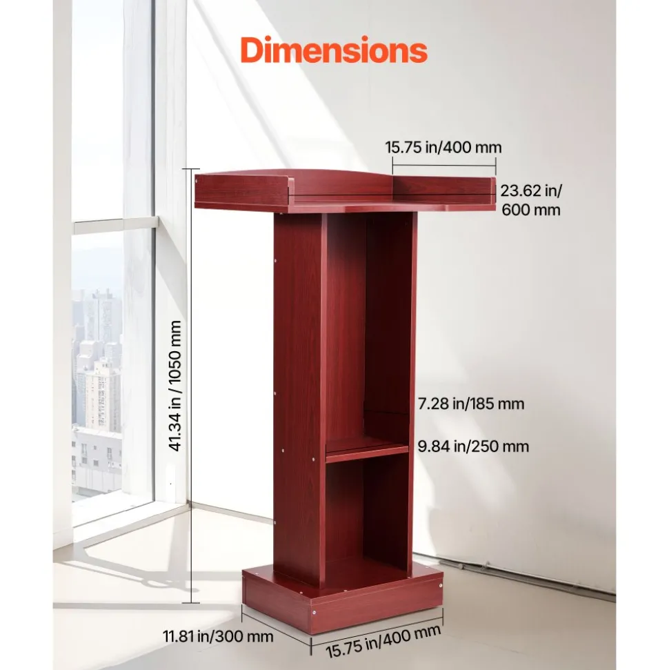VEVOR Podium Stand, 41-Inch Wooden Lectern, Laptop Desk with Wide Reading Surface and Storage Shelf, Edge Stopper, Elegant Design, Flool-Standing, for Classroom, Conference, Church, and Presentation