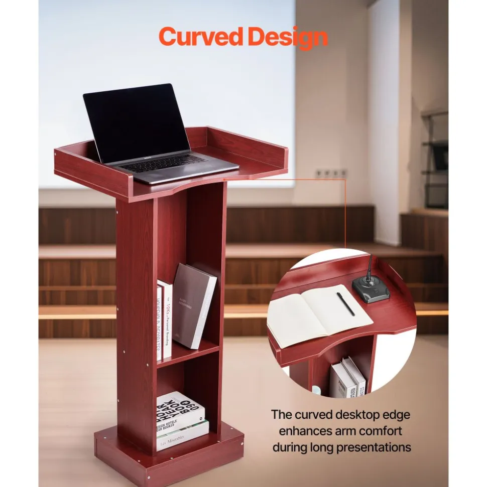 VEVOR Podium Stand, 41-Inch Wooden Lectern, Laptop Desk with Wide Reading Surface and Storage Shelf, Edge Stopper, Elegant Design, Flool-Standing, for Classroom, Conference, Church, and Presentation