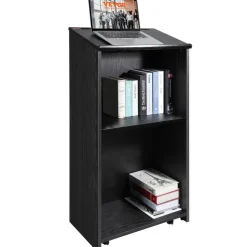 VEVOR Podium Stand, 47 in Hostess Stand with 4 Rolling Wheels, Wood Podium with Storage Shelves, and Slant Desktop, Lecterns & Podiums for Church, Office, School, Home, Black