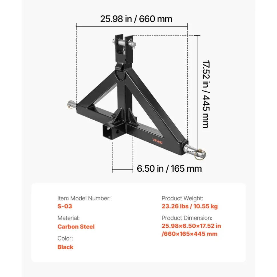 VEVOR 3 Point Hitch Receiver with 2 in Receiver, 3pt Quick Hitch Attachment, 3,000 lbs Capacity, Heavy Duty Tractor Tow Drawbar Adapter, Compatible with Kubota, Mahindra, John Deere, Massey Ferguson