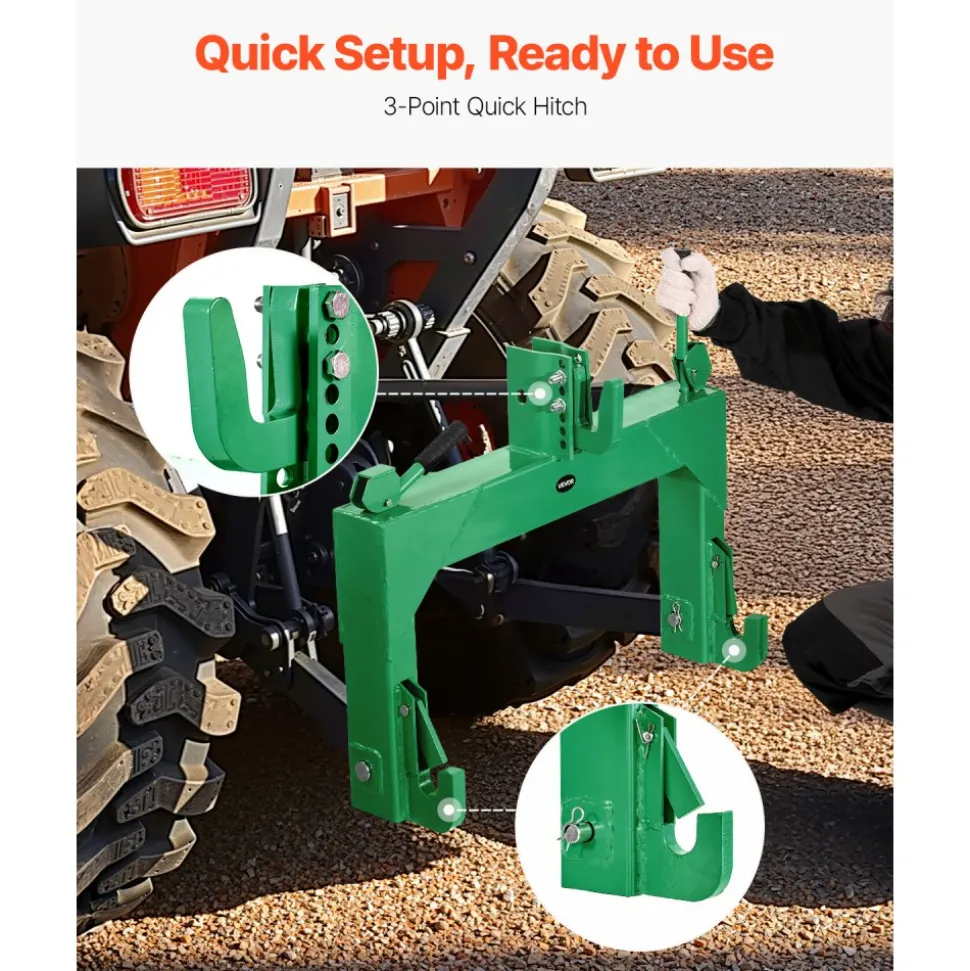 VEVOR 3-Point Quick Hitch, 4000 Lbs Lift Capacity, 3-Pt Trailer Hitch with 5 Level Adjustable Bolt, Adaptation to Category 2 Tractor, Heavy Duty 3 Point Attachments, Green