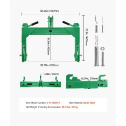 VEVOR 3-Point Quick Hitch, 4000 Lbs Lift Capacity, 3-Pt Trailer Hitch with 5 Level Adjustable Bolt, Adaptation to Category 2 Tractor, Heavy Duty 3 Point Attachments, Green