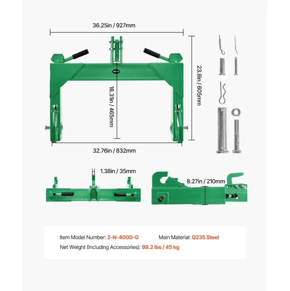 VEVOR 3-Point Quick Hitch, 4000 Lbs Lift Capacity, 3-Pt Trailer Hitch with 5 Level Adjustable Bolt, Adaptation to Category 2 Tractor, Heavy Duty 3 Point Attachments, Green