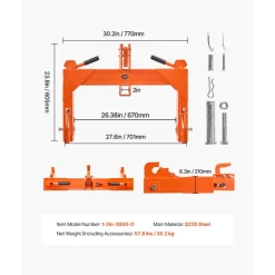 VEVOR 3-Point Quick Hitch with 2 in Receiver, 3000 Lbs Lift Capacity, 3-Pt Hitch with 5 Level Adjustable Bolt, Adaptation to Category 1 & 2 Tractor, Heavy Duty 3 Point Attachments, Orange