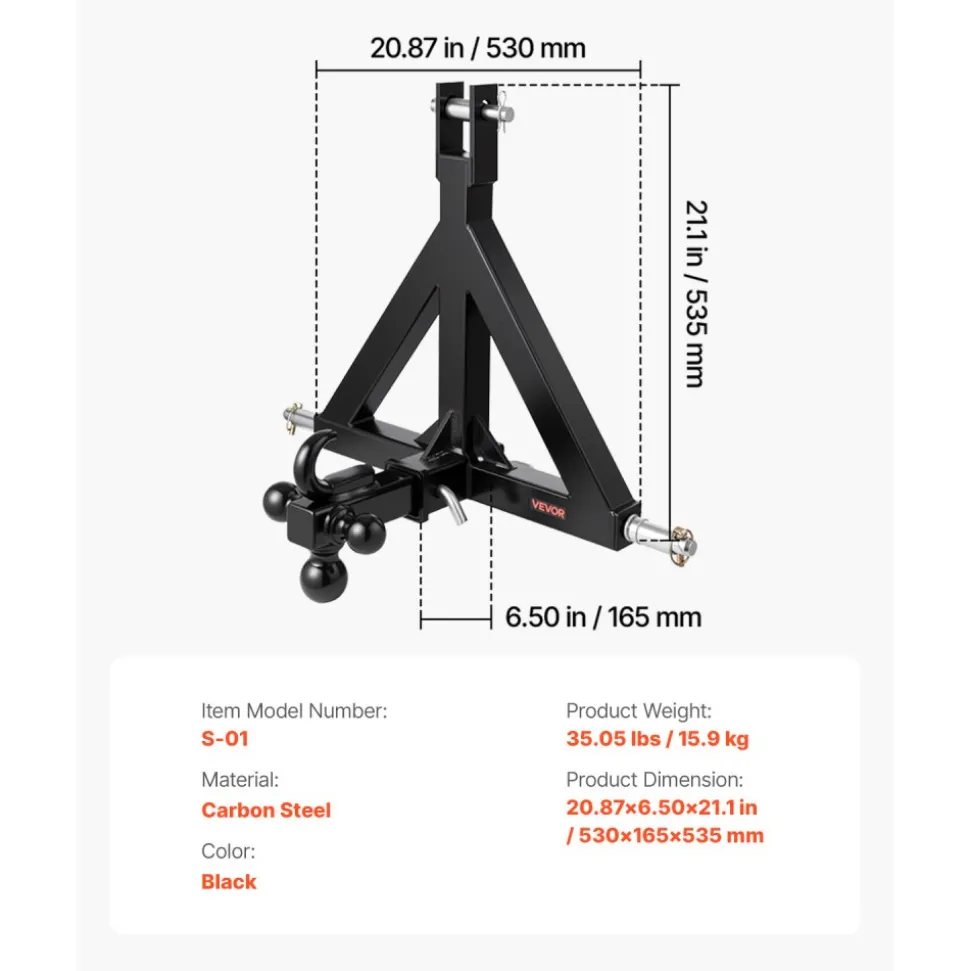 VEVOR 3 Point Trailer Hitch 2 in Receiver, 3pt Quick Hitch Attachment with 3 Trailer Balls, Tractor Tow Drawbar Adapter, Compatible with Kubota, Mahindra, Ford, Yanmar, John Deere, Massey Ferguson