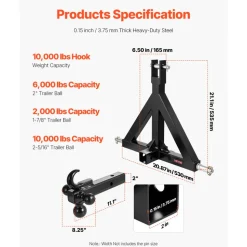 VEVOR 3 Point Trailer Hitch 2 in Receiver, 3pt Quick Hitch Attachment with 3 Trailer Balls, Tractor Tow Drawbar Adapter, Compatible with Kubota, Mahindra, Ford, Yanmar, John Deere, Massey Ferguson