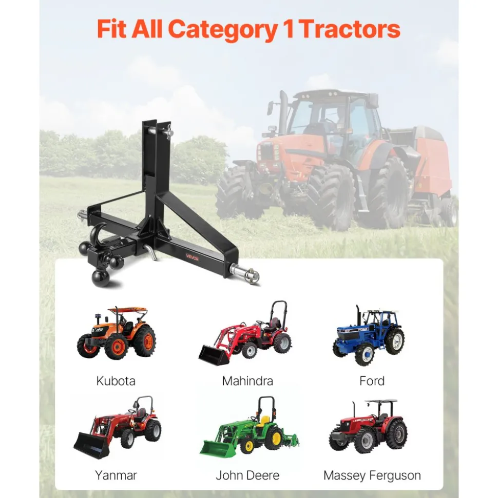 VEVOR 3 Point Trailer Hitch with 2 in Receiver, 3pt Quick Hitch Attachment, Heavy Duty Tractor Tow Drawbar Adapter, Compatible with Kubota, Mahindra, Ford, Yanmar, John Deere, Massey Ferguson
